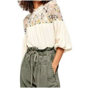 Free People Oatmeal Sheer Mesh Embroidered Top Size M